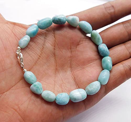 AAA+ Blue Larimar Tumble Beads Bracelet-Smooth Nuggets Beads jewelry-Blue Ocean Men Women Bracelet-Dominican Republic Beads 8 inch Bracelet