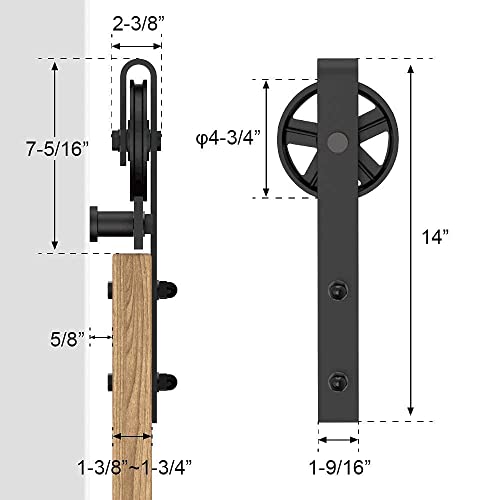 WINSOON 8FT Wood Double Sliding Barn Door Hardware Basic Black Big Spoke Wheel Roller Kit with 2PCS 12 Inch Sliding Barn Door Handles Black Hardware with Pull and Flush Barn Door Handle Set