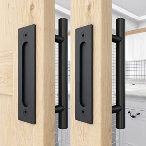 WINSOON 8FT Wood Double Sliding Barn Door Hardware Basic Black Big Spoke Wheel Roller Kit with 2PCS 12 Inch Sliding Barn Door Handles Black Hardware with Pull and Flush Barn Door Handle Set