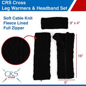 CRS Cross Leg Warmers and Headband Set for Figure Skating. Zipper Easy On/Off. Warm Knit Fleece Lined - Black Long