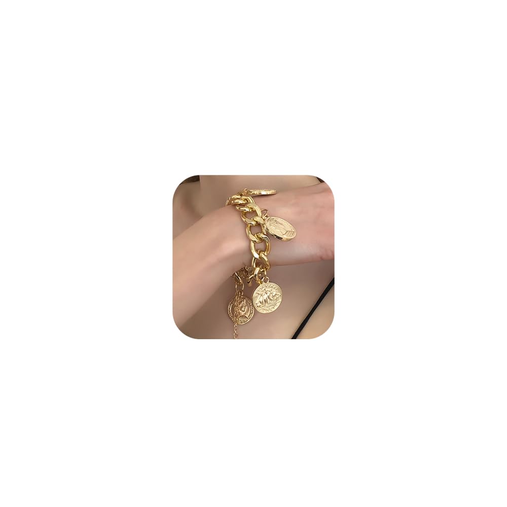 Jumwrit Chunky Chain Bracelet Punk Cuban Curb Link Chain Bracelet Statement Gold Coin Bracelet for Women