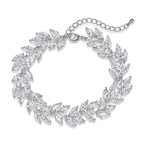 SWEETV Marquise Wedding Bracelets for Brides Bridesmaids, Adjustable Bridal Bracelet for Wedding, Crystal Cubic Zirconia Tennis Bracelet for Women (Silver.)