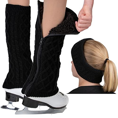 CRS Cross Leg Warmers and Headband Set for Figure Skating. Zipper Easy On/Off. Warm Knit Fleece Lined - Black Long