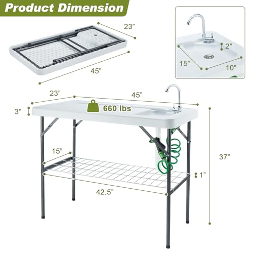 Avocahom Folding Fish Cleaning Table Portable Camping Sink with Faucet Drainage Hose & Sprayer Outdoor Fillet Station Grid Rack Knife Groove for Picnic Fishing, Black