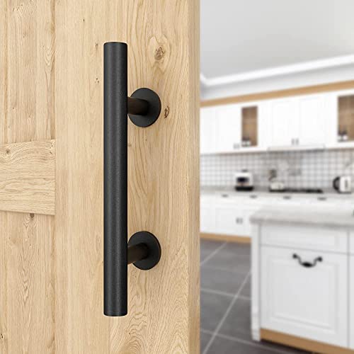 WINSOON 8FT Wood Double Sliding Barn Door Hardware Basic Black Big Spoke Wheel Roller Kit with 2PCS 12 Inch Sliding Barn Door Handles Black Hardware with Pull and Flush Barn Door Handle Set