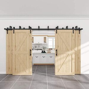 WINSOON 8FT Wood Double Sliding Barn Door Hardware Basic Black Big Spoke Wheel Roller Kit with 2PCS 12 Inch Sliding Barn Door Handles Black Hardware with Pull and Flush Barn Door Handle Set