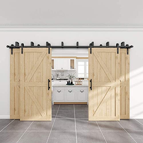 WINSOON 8FT Wood Double Sliding Barn Door Hardware Basic Black Big Spoke Wheel Roller Kit with 2PCS 12 Inch Sliding Barn Door Handles Black Hardware with Pull and Flush Barn Door Handle Set