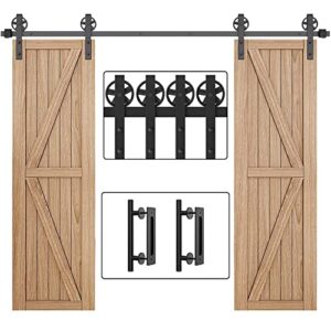 winsoon 8ft wood double sliding barn door hardware basic black big spoke wheel roller kit with 2pcs 12 inch sliding barn door handles black hardware with pull and flush barn door handle set