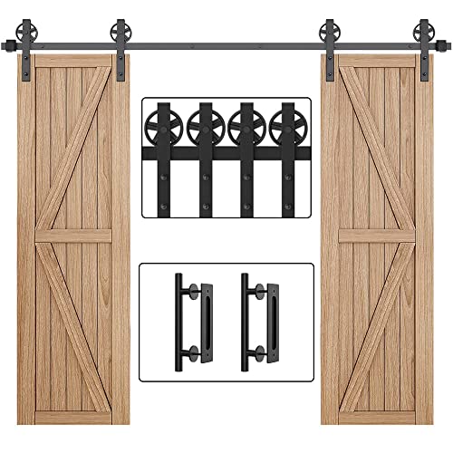 WINSOON 8FT Wood Double Sliding Barn Door Hardware Basic Black Big Spoke Wheel Roller Kit with 2PCS 12 Inch Sliding Barn Door Handles Black Hardware with Pull and Flush Barn Door Handle Set