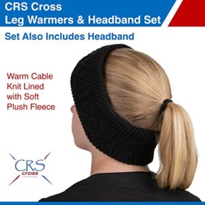 CRS Cross Leg Warmers and Headband Set for Figure Skating. Zipper Easy On/Off. Warm Knit Fleece Lined - Black Long