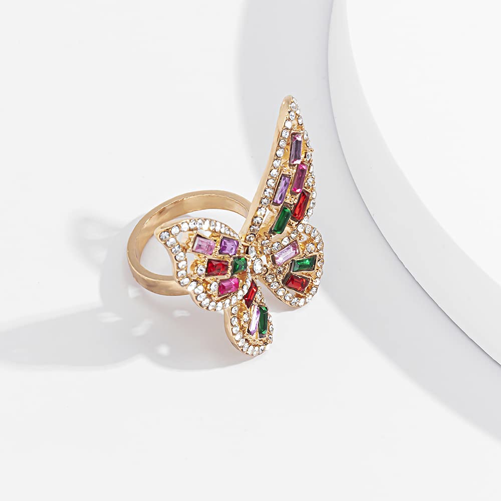 Boho CZ Butterfly Statement Ring for Women Gold Plated Colorful Crystal Open Band Wrap Finger Rings Comfort Fit Dainty Birthday Wedding Anniversary Jewelry Gift Size 7