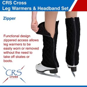 CRS Cross Leg Warmers and Headband Set for Figure Skating. Zipper Easy On/Off. Warm Knit Fleece Lined - Black Long