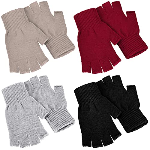 SATINIOR 4 Pairs Winter Half Finger Gloves Knitted Fingerless Mittens Warm Stretchy Gloves for Men and Women (Black, Red, Khaki, Light Gray)