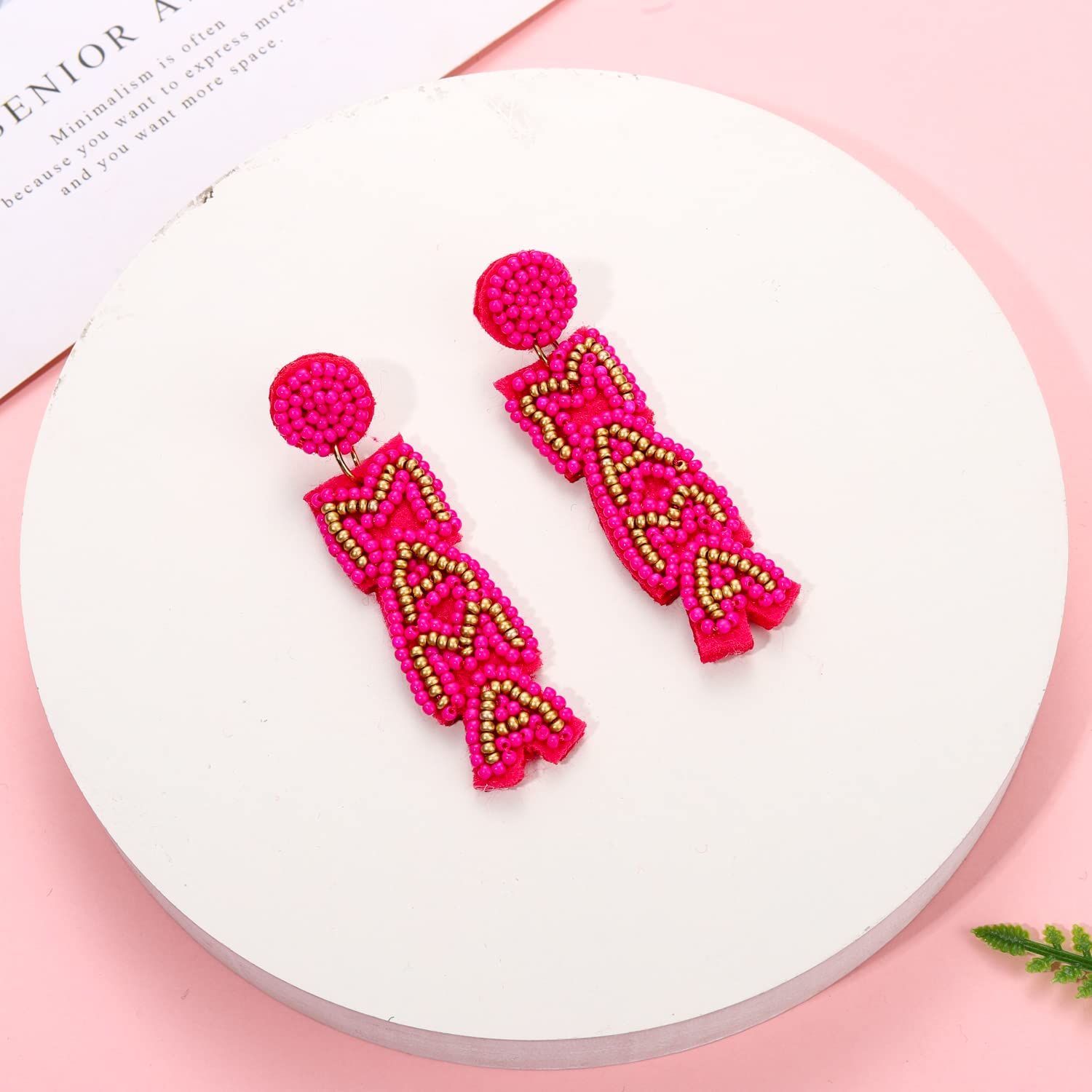 Boderier Mother's Day Beaded Earrings Long Rhinestone MAMA Beaded Drop Earrings Mother's Gift (Hot Pink)