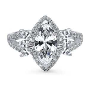 BERRICLE Sterling Silver Halo Wedding Engagement Rings Marquise Cut Cubic Zirconia CZ Flower Split Shank Ring for Women, Rhodium Plated Size 5