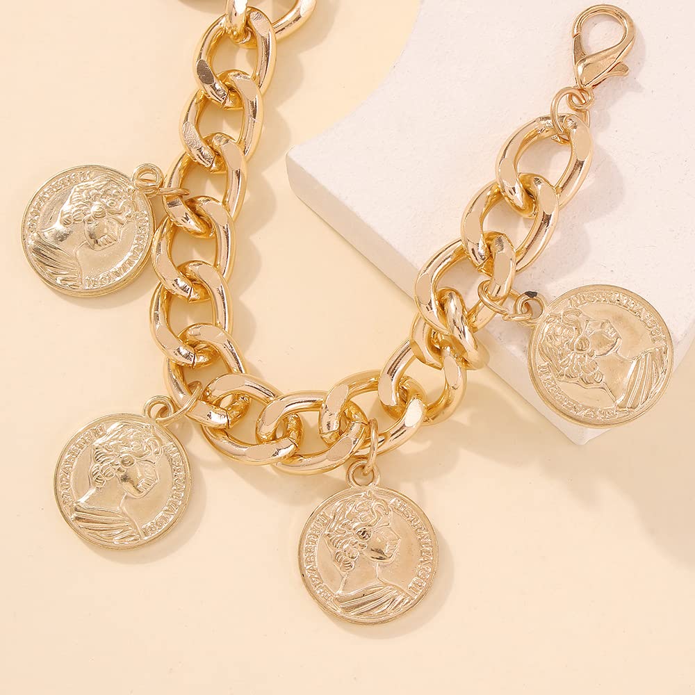 Jumwrit Chunky Chain Bracelet Punk Cuban Curb Link Chain Bracelet Statement Gold Coin Bracelet for Women