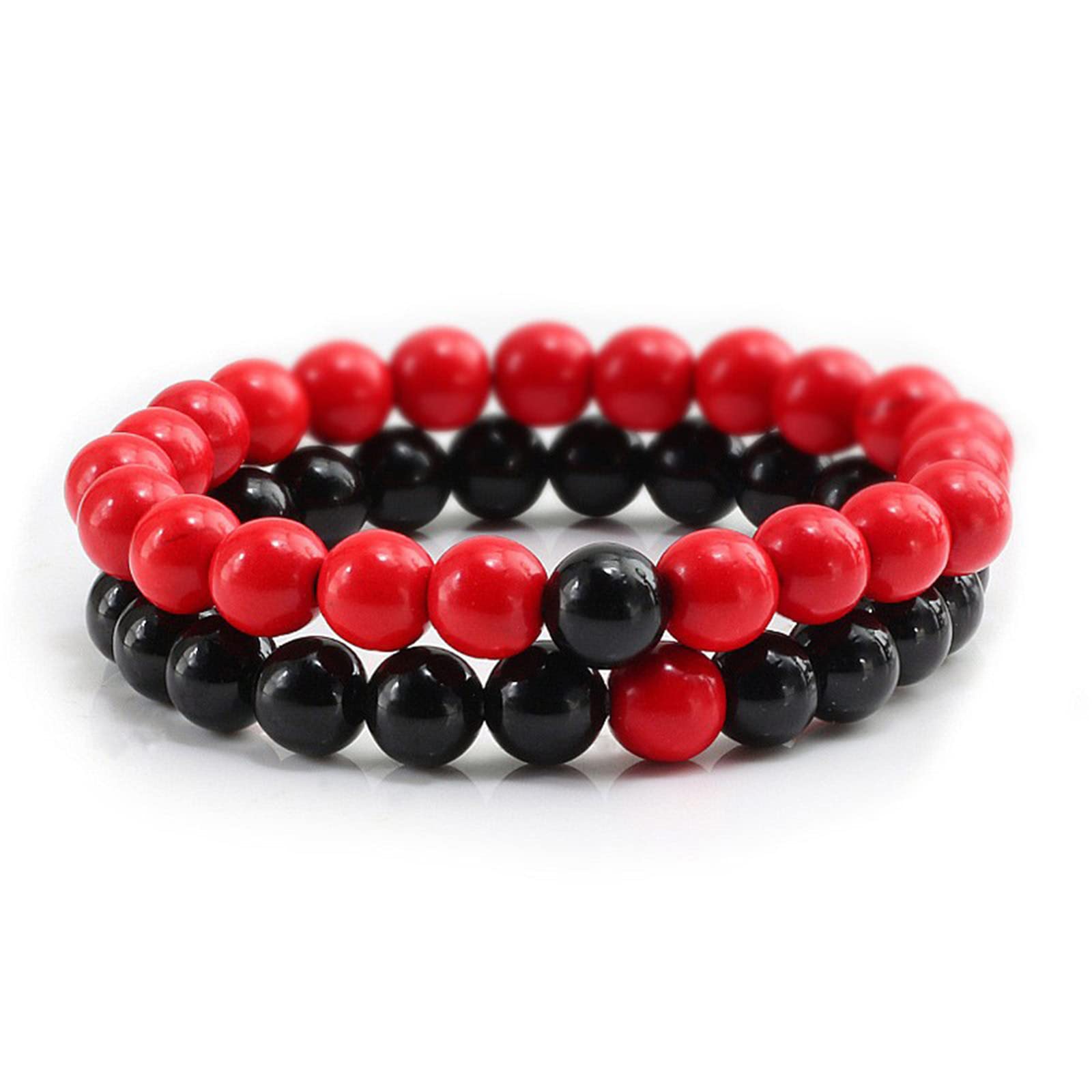 2Pcs Matte Lava Rock Volcanic Stone Beads Stretch Bracelet Stacking Frosted Gemstone Turquoise Seed Bracelet for Men Women Couple Stress Relief Aromatherapy Jewelry Gift-C red black