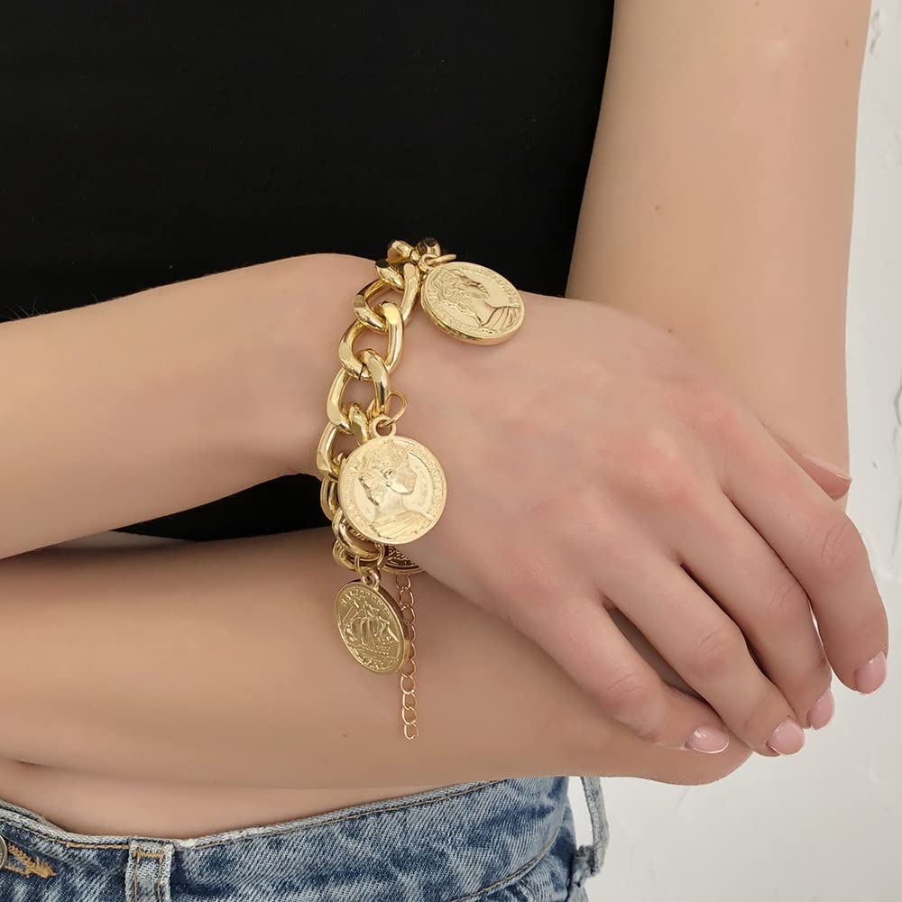 Jumwrit Chunky Chain Bracelet Punk Cuban Curb Link Chain Bracelet Statement Gold Coin Bracelet for Women