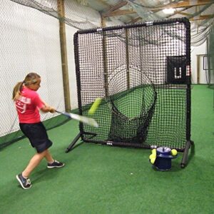 Jugs Toss Machine with 1-Dozen Sting-Free Game-Ball Yellow Dimpled Softballs, Holds up to 10 Softballs, Tosses One Ball Every 5 Seconds, Rechargeable, Runs up to 8 Hours