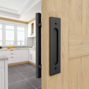 WINSOON 9FT Sliding Barn Wood Door Hardware Cabinet Closet Kit with 2PCS 12 Inch Sliding Barn Door Handles Black Hardware with Pull and Flush Barn Door Handle Set