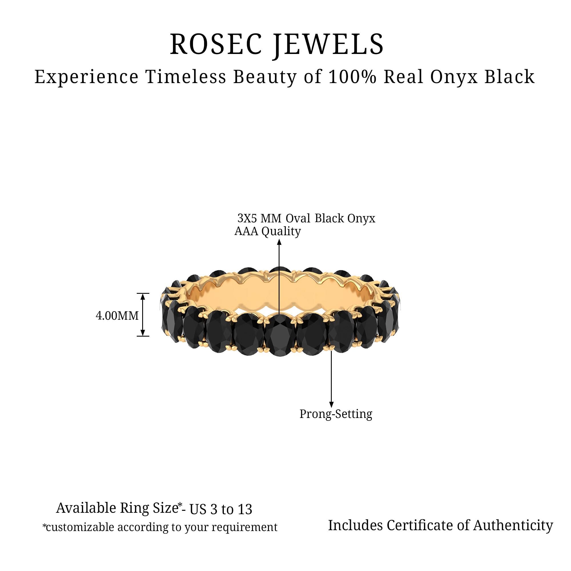 Natural Black Onyx Eternity Ring, AAA Quality, Certified Onyx Wedding Band Ring for Women - With Jewelry Box, 14K Yellow Gold, Size:US 9.50