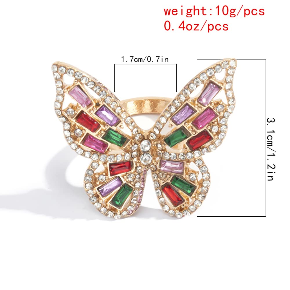 Boho CZ Butterfly Statement Ring for Women Gold Plated Colorful Crystal Open Band Wrap Finger Rings Comfort Fit Dainty Birthday Wedding Anniversary Jewelry Gift Size 7