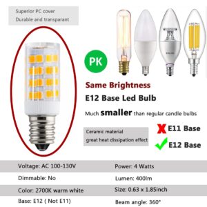 KAKEMONO E12 LED Candelabra Light Bulbs 4W Replace E12 40 Watt Halogen Equivalent,Warm White 2700K C7 T4 120V Small Base E12 for Ceiling Fan Chandelier Pendant Lighting Salt Lamp,Non-dimmable,2 Pack