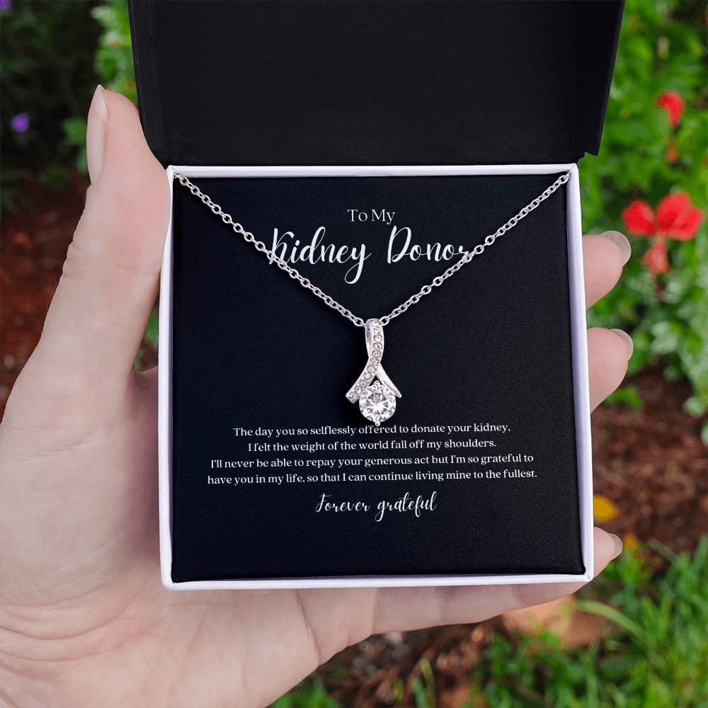 Transplant Gifts Kidney Donor Ribbon Pendant Gratitude Necklace with Message Card in Standard Two Tone Gift Box