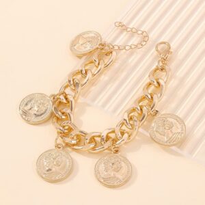 Jumwrit Chunky Chain Bracelet Punk Cuban Curb Link Chain Bracelet Statement Gold Coin Bracelet for Women