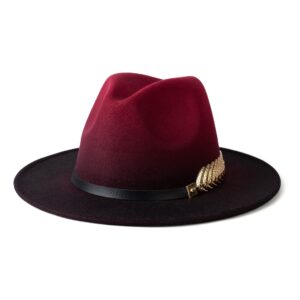 Gossifan Women Gradient Color Fedora Wide Brim Felt Panama Hat with Belt Buckle Burgundy/Black