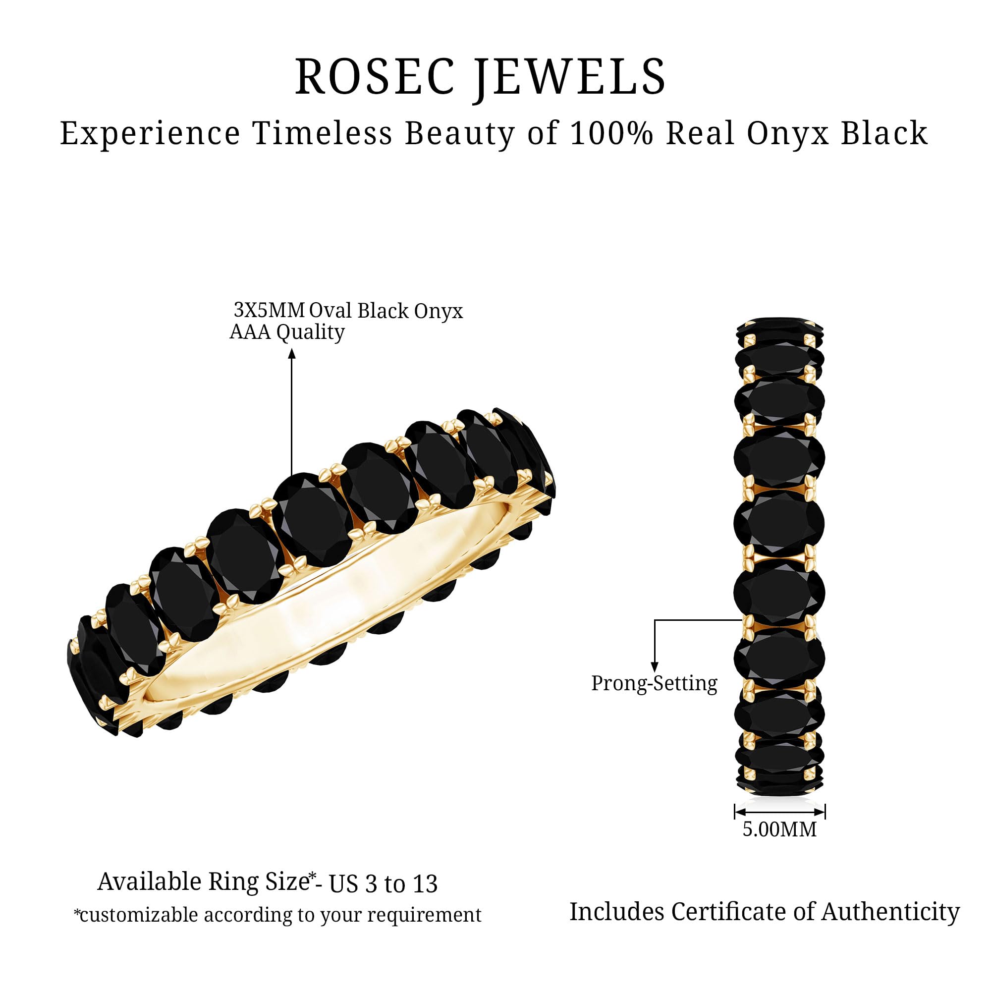 Natural Black Onyx Eternity Ring, AAA Quality, Certified Onyx Wedding Band Ring for Women - With Jewelry Box, 14K Yellow Gold, Size:US 9.50