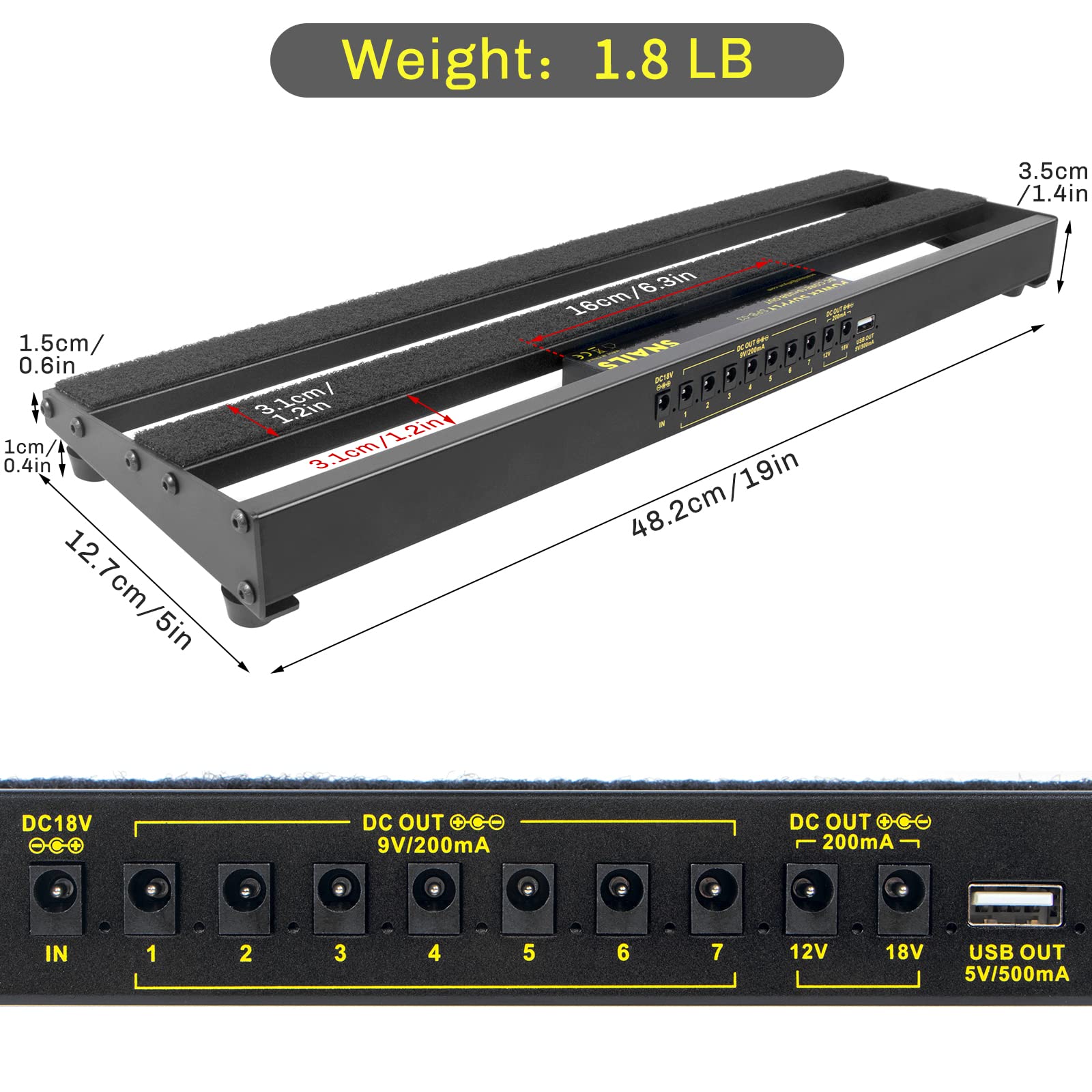 Pedal Board,With Completely Isolated Power Supply ,19*5 Inch 1.8 LB Aluminium Alloy Guitar Pedalboard, Included Carrying Bag , Pedal Cable,Adapter,40*1.2 Inch Self Adhesive Hook Loop Tape,Cable Ties