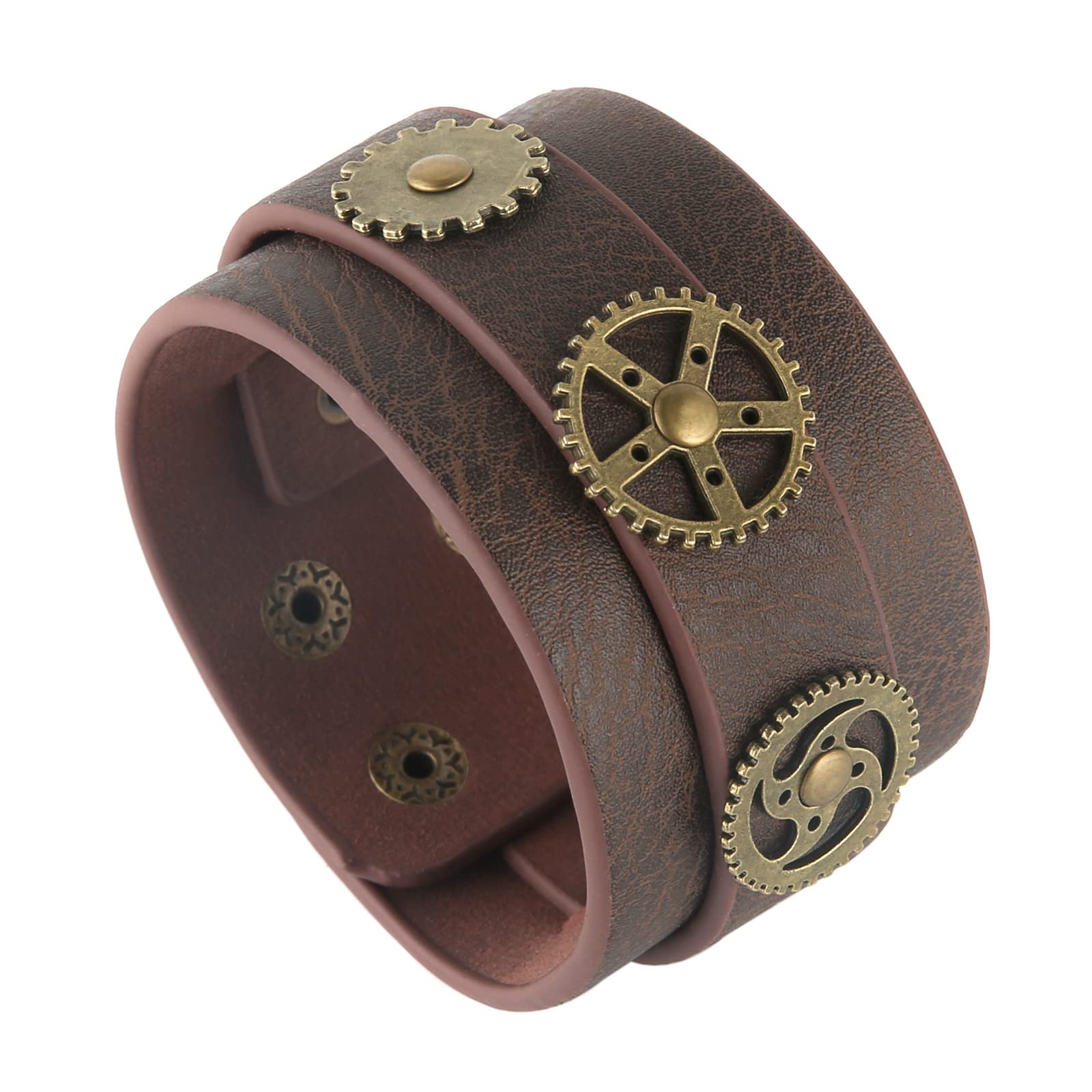 HZMAN Steampunk Alloy Gear Leather Wristbands for Men Women Bracelets Cuff Bangle Jewelry Brown Adjustable