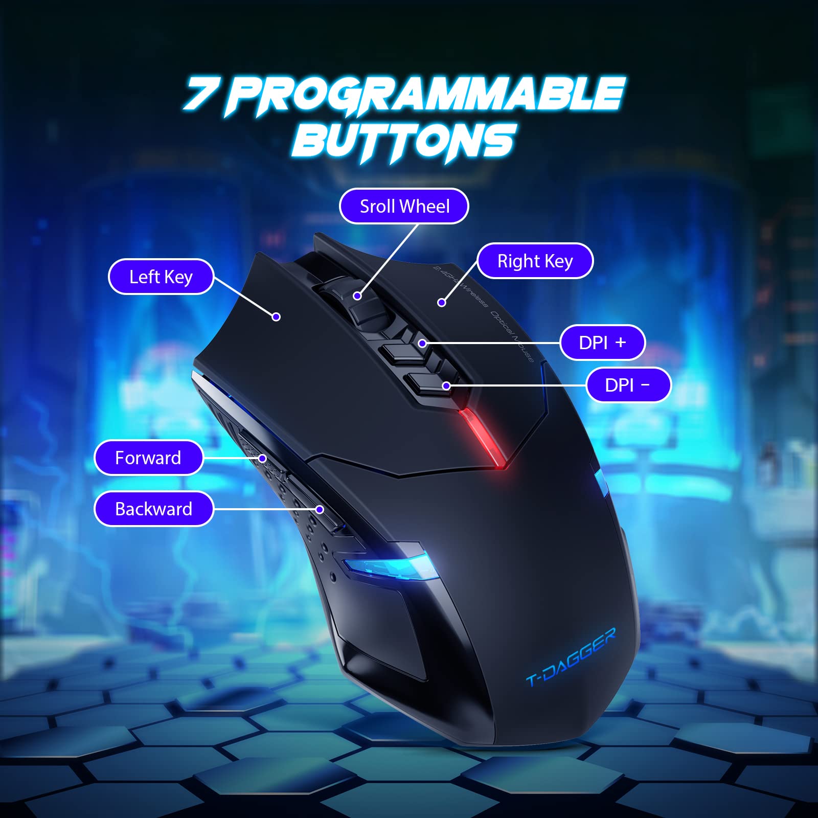 T-DAGGER Wireless Gaming Mouse- USB Cordless PC Accessories Computer Mice with LED Backlit, Ergonomic Gamer Laptop Mouse with 7 Silent Buttons, 5 Adjustable DPI Plug & Play for PC