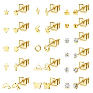 fibo steel 16 pairs small stud earrings for women surgical steel tiny cartilage helix ear piercing dainty star moon cross ball heart cz earrings set gold tone