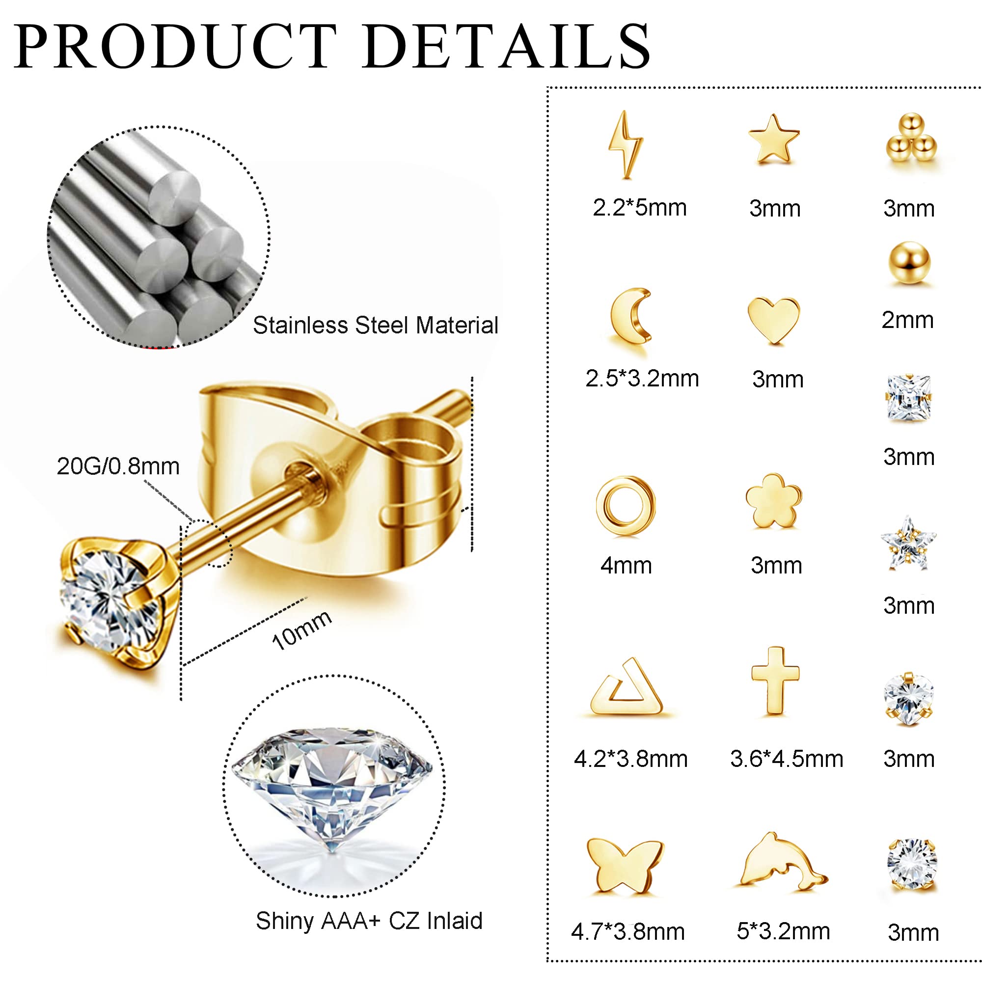 FIBO STEEL 16 Pairs Small Stud Earrings for Women Surgical Steel Tiny Cartilage Helix Ear Piercing Dainty Star Moon Cross Ball Heart CZ Earrings Set Gold tone