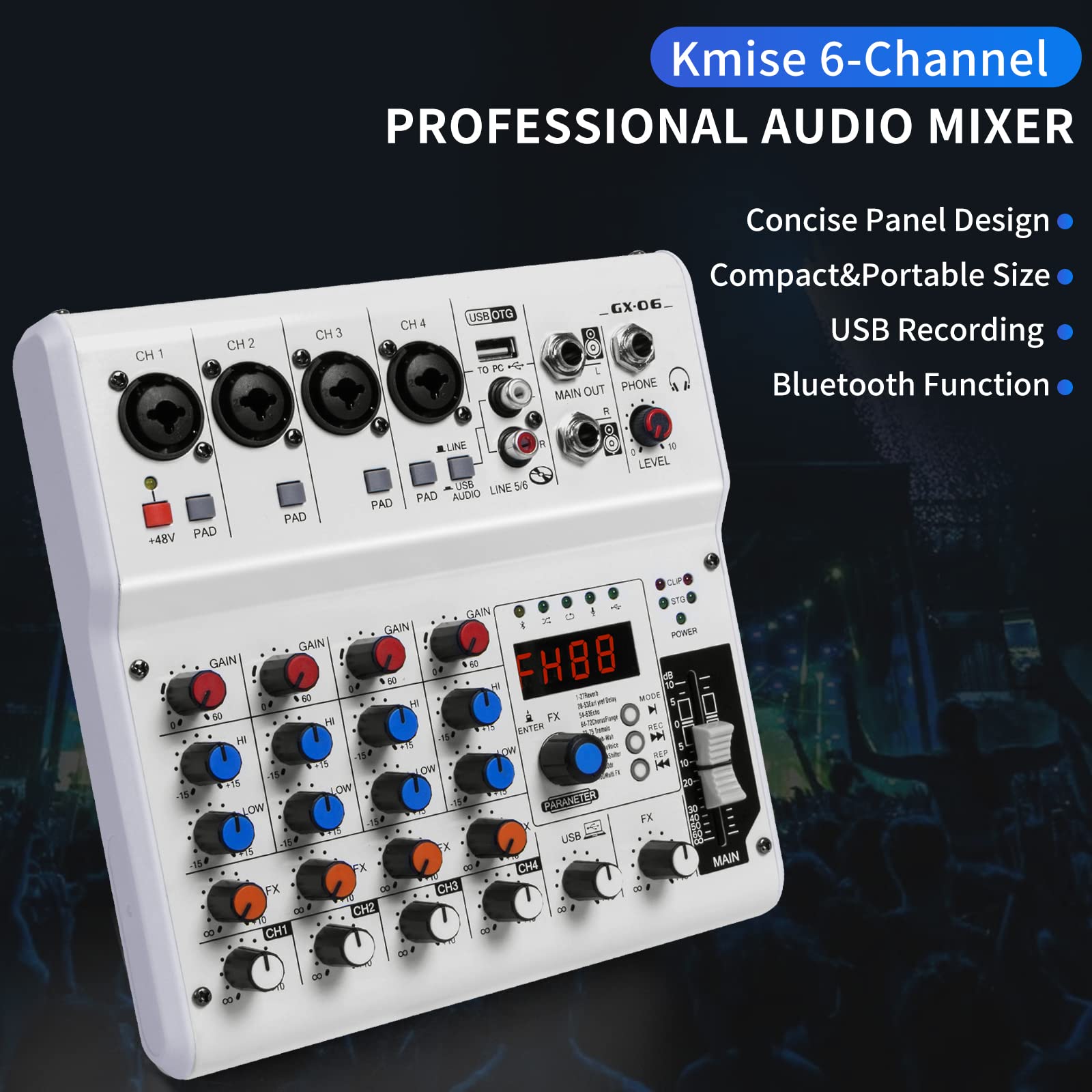 6-Channel Audio Mixer with 99 Sound Effects for PC,Portable Sound Mixing Console with Bluetooth USB Recording Input for Live Streaming,Podcasting,DJ Show