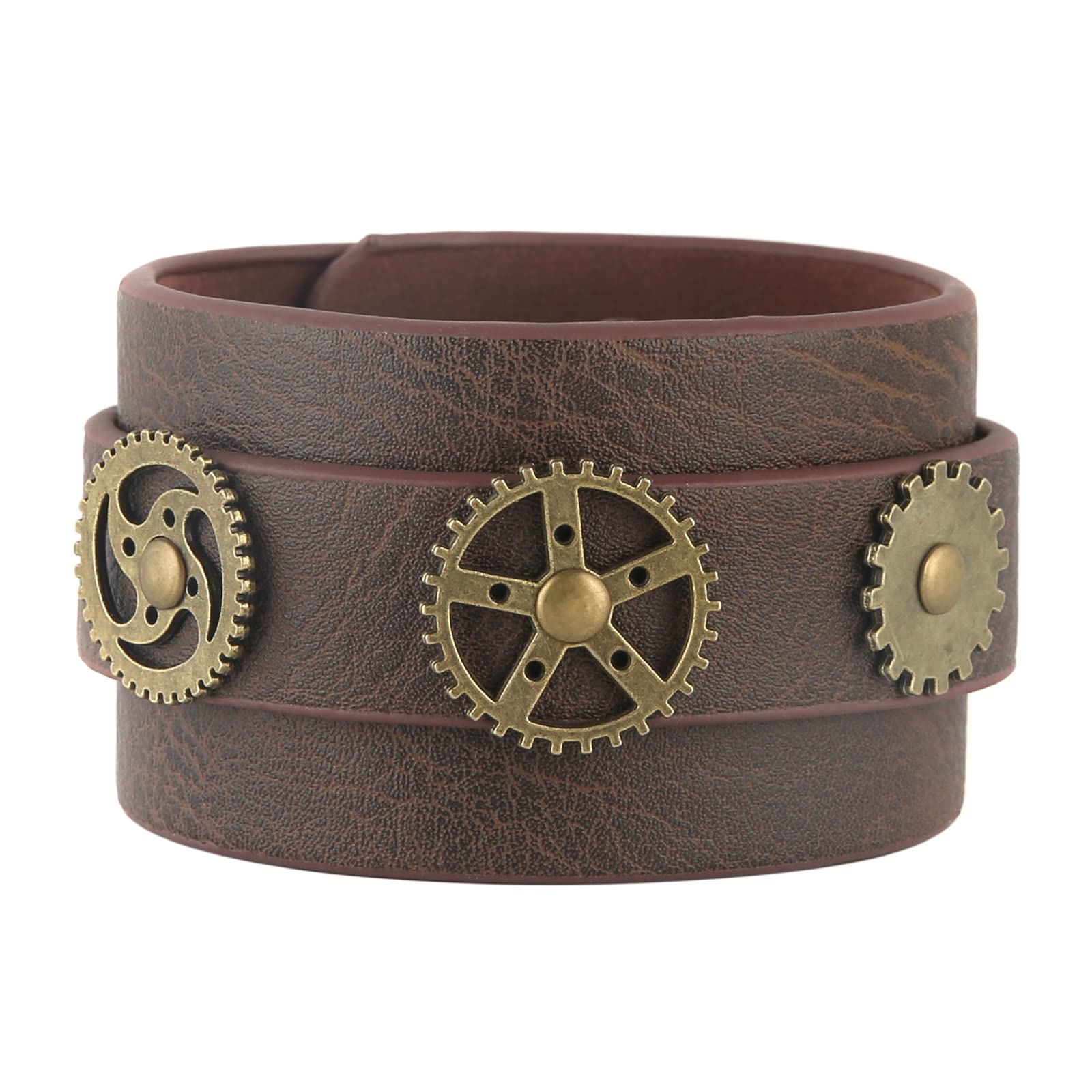 HZMAN Steampunk Alloy Gear Leather Wristbands for Men Women Bracelets Cuff Bangle Jewelry Brown Adjustable