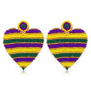 Mardi Gras Earrings for Women Mardi Gras Beaded Drop Dangle Earrings Mardi Gras Heart Bead Earrings Mardi Gras Rhinestones Fleur De Lis Bead Earrings Holiday Fun Earrings Carnival Earrings Gift