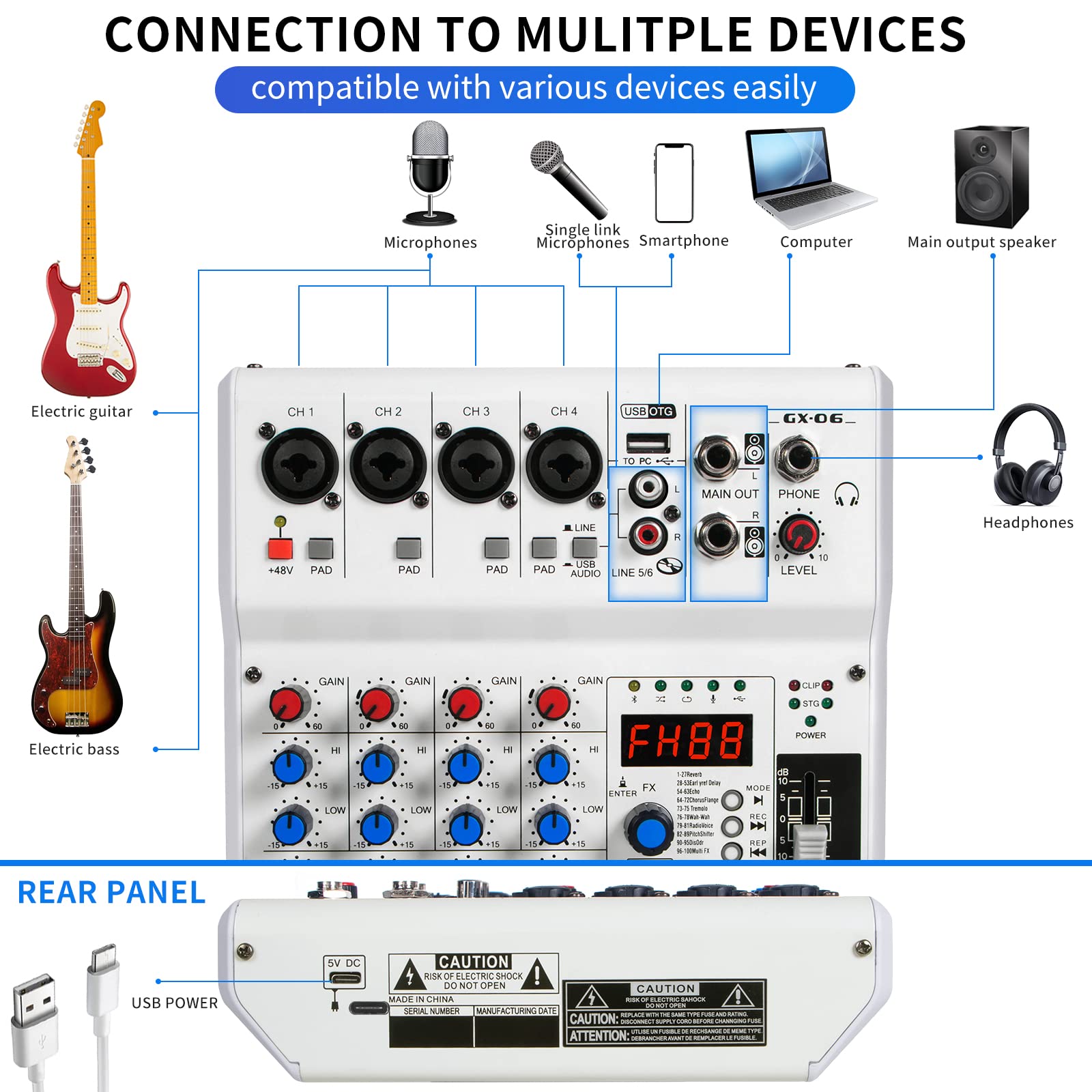 6-Channel Audio Mixer with 99 Sound Effects for PC,Portable Sound Mixing Console with Bluetooth USB Recording Input for Live Streaming,Podcasting,DJ Show