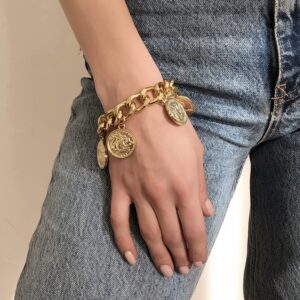 Jumwrit Chunky Chain Bracelet Punk Cuban Curb Link Chain Bracelet Statement Gold Coin Bracelet for Women