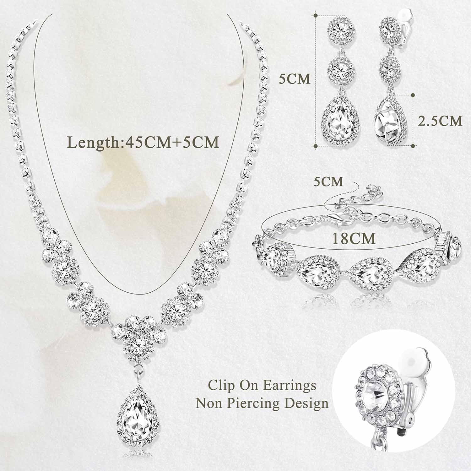 Jstyle Rhinestone Bridal Jewelry Set Necklace Bracelet Clip On Earrings for Brides Bridesmaid Cluster Crystal Teardrop Pendants Jewelry Set for Wedding Prom（S