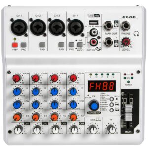 6-Channel Audio Mixer with 99 Sound Effects for PC,Portable Sound Mixing Console with Bluetooth USB Recording Input for Live Streaming,Podcasting,DJ Show