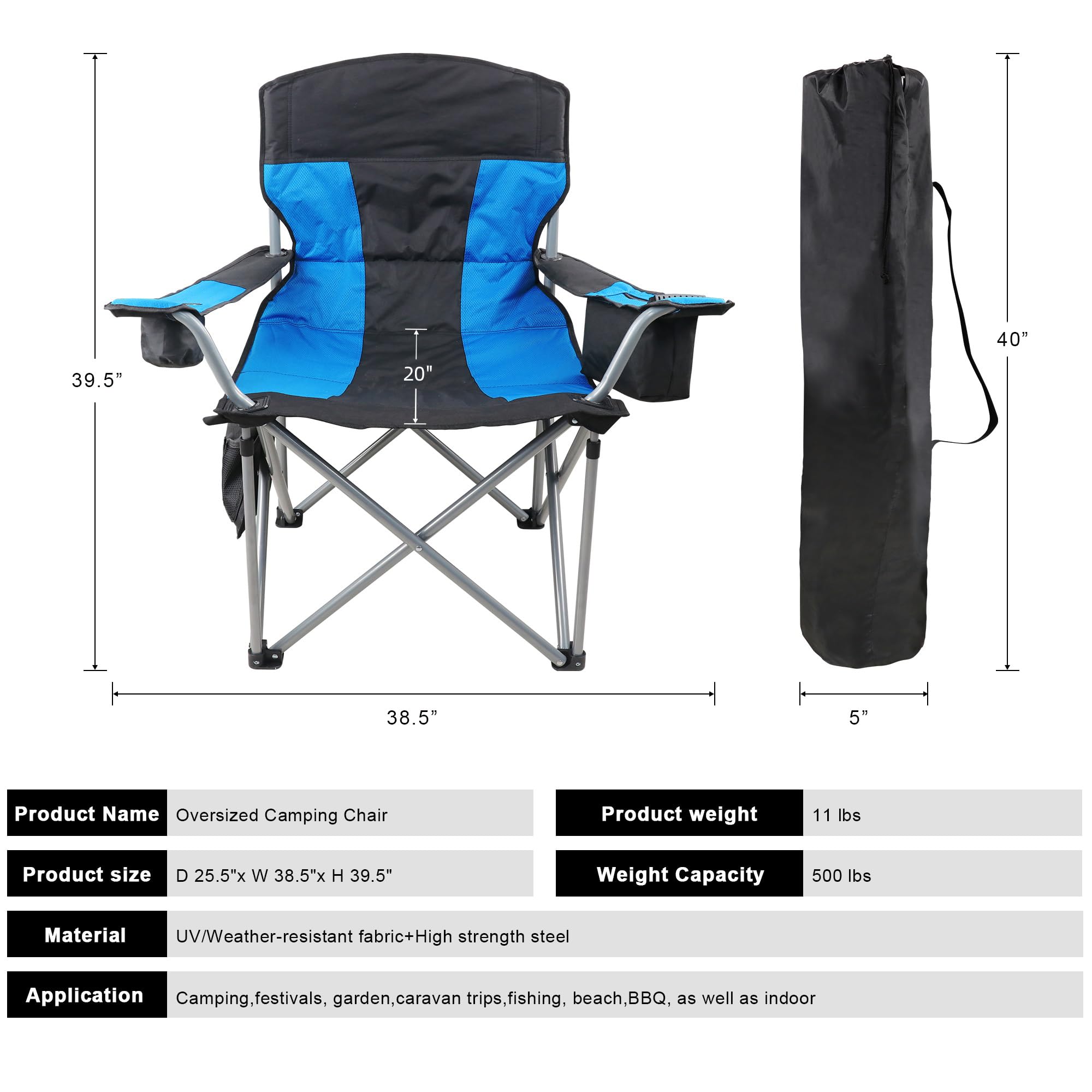 SHSYCER Oversized Camping Chair, Folding Chair for Beach, Heavy Duty Portable Chair with Armrest, Cooler Bag, Side Pocket, Cup Holder for Outdoor