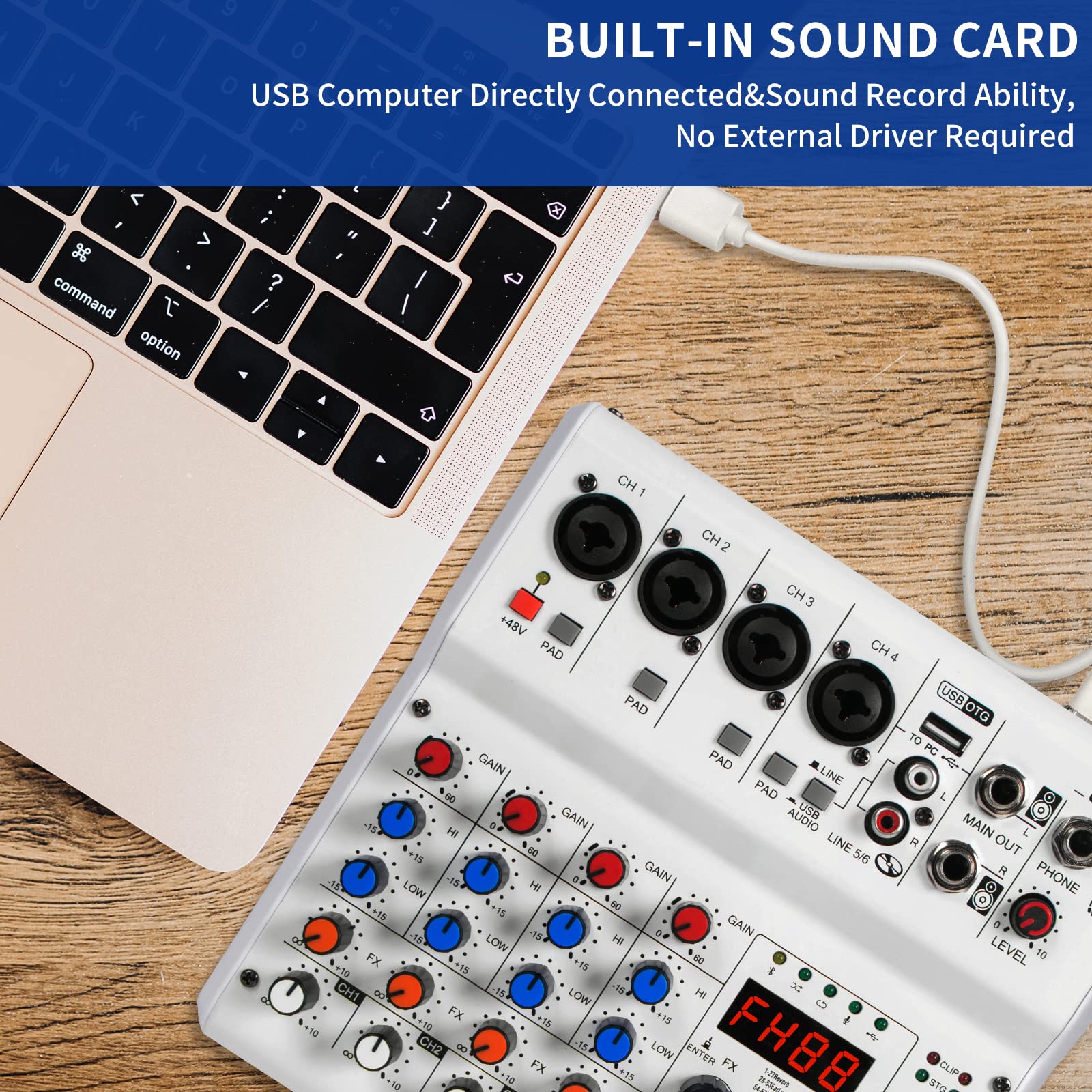 6-Channel Audio Mixer with 99 Sound Effects for PC,Portable Sound Mixing Console with Bluetooth USB Recording Input for Live Streaming,Podcasting,DJ Show