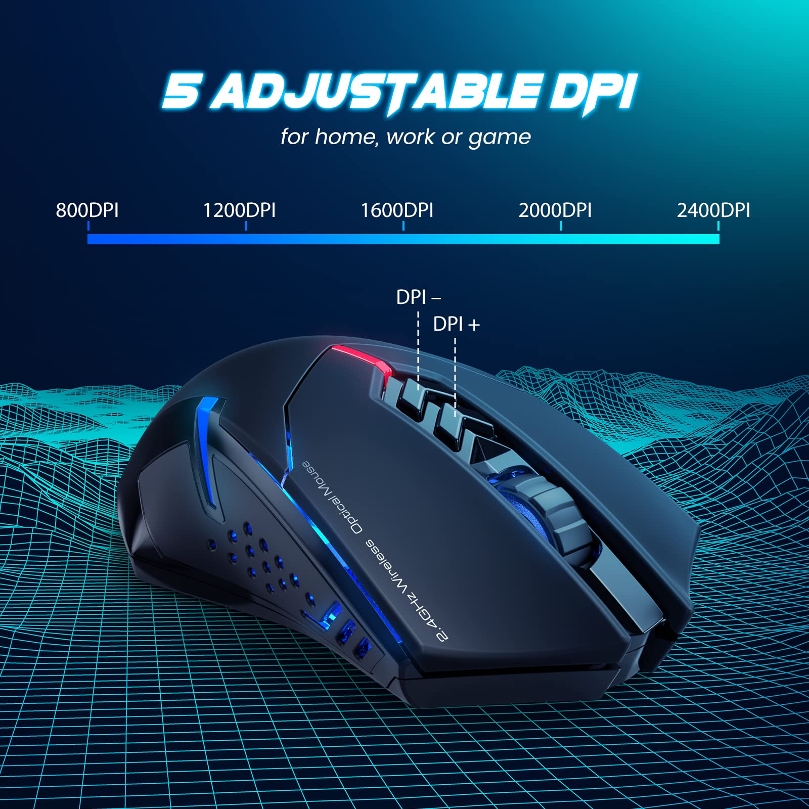 T-DAGGER Wireless Gaming Mouse- USB Cordless PC Accessories Computer Mice with LED Backlit, Ergonomic Gamer Laptop Mouse with 7 Silent Buttons, 5 Adjustable DPI Plug & Play for PC