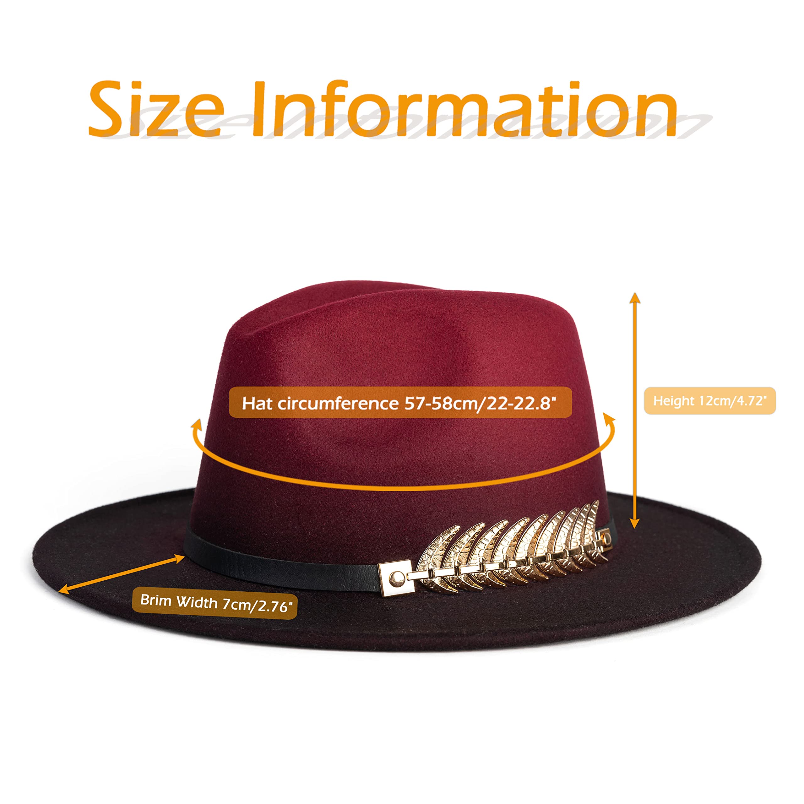 Gossifan Women Gradient Color Fedora Wide Brim Felt Panama Hat with Belt Buckle Burgundy/Black