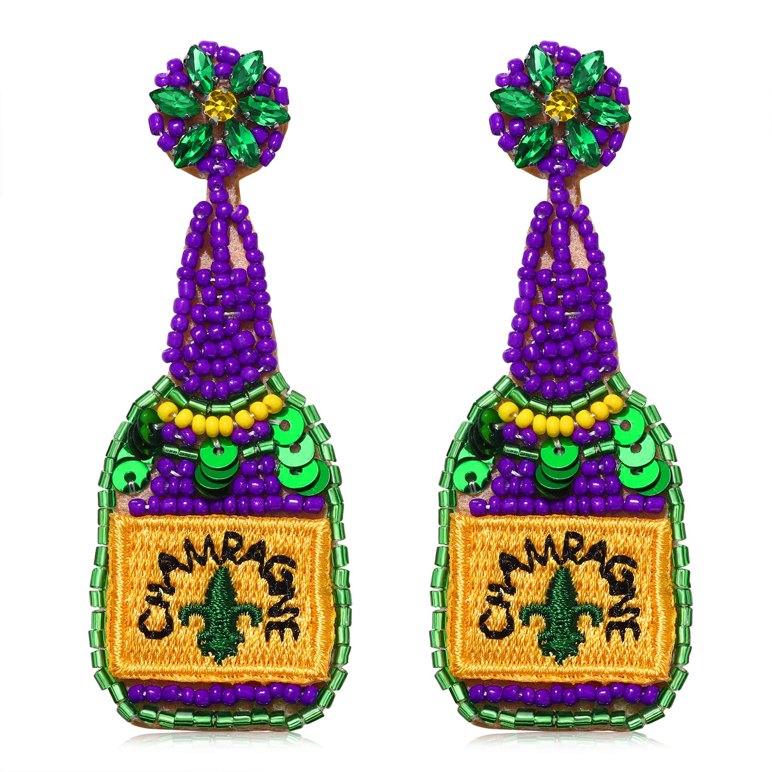 Beaded Champagne Bottle Earrings for Women Handmade Bead Champagne Drop Dangle Earring Statement Earring Studs for Birthday Holiday Parties Gifts (Mardi Gras Color)