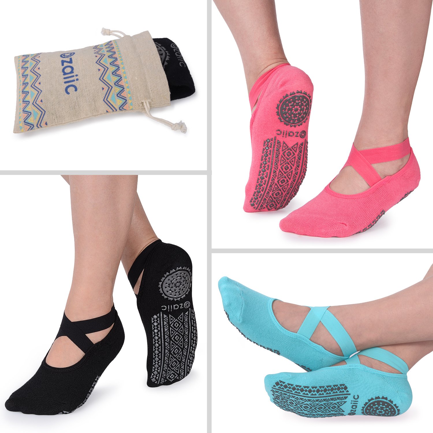 Ozaiic Yoga Socks for Women&Men Non-Slip Grips & Straps, Ideal for Pilates, Pure Barre, Ballet, Dance, Barefoot Workout, fitness Slipper Hospital Socks with Grips