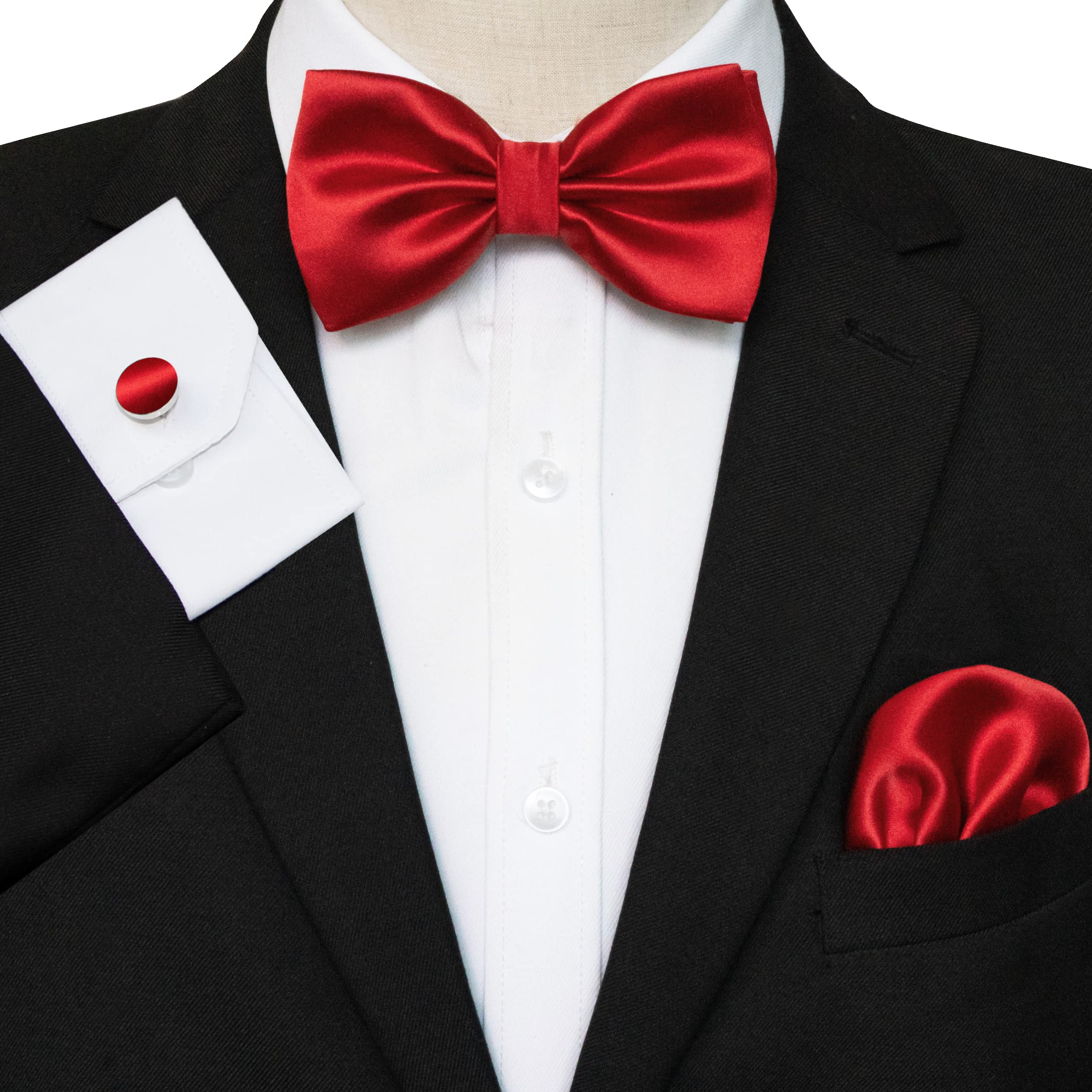 JEMYGINS Red Bow Tie Pre-tied Silk Bowtie and Pocket Square Cufflinks Sets for Men